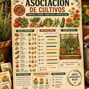 Könnte beinhalten: Ein rechteckiges Lehrplakat mit dem Titel Guía de Asociación de Cultivos, das botanische Illustrationen von Gemüse, Kräutern und Blumen zeigt. Es enthält Tabellen zur Mischkultur, einen Saisonkalender und Tipps zur Gartenplanung.