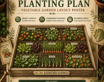 Raised Bed Planting Plan Printable | Vegetable Garden Layout Poster, Garden Planner PDF Download