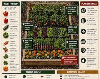 5x5 Raised Bed Vegetable Garden Plan | Square Garden Layout (PDF Download)