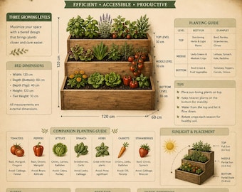 Vertical Tiered Garden Bed Plan | Small-Space Companion Planting Layout | PDF Letter + A4