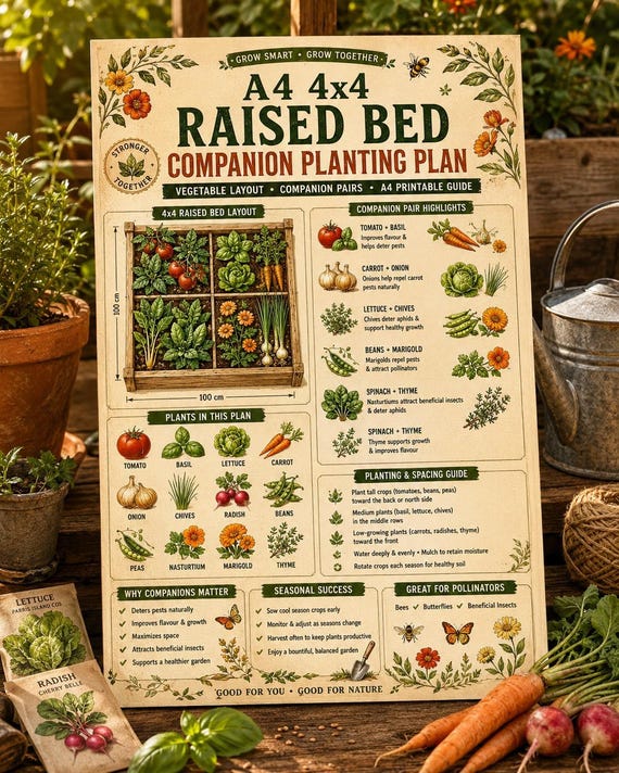 A4 4x4 Raised Bed Planner Printable | Vegetable Garden Layout Worksheet PDF