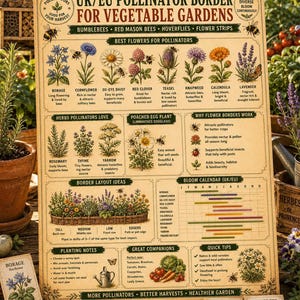 Könnte beinhalten: Ein rechteckiges Lehrplakat mit dem Titel UK/EU Pollinator Border for Vegetable Gardens, das botanische Illustrationen von Blumen und Kräutern, einen Blühkalender, Pflanzhinweise und Tipps zur Anlockung von Bienen und Nützlingen zeigt.