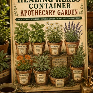 May include: A rectangular sign titled HEALING HERBS CONTAINER APOTHECARY GARDEN featuring illustrations of potted plants including lemon balm, mint, chamomile, lavender, calendula, sage, thyme, and rosemary with descriptive labels and text.