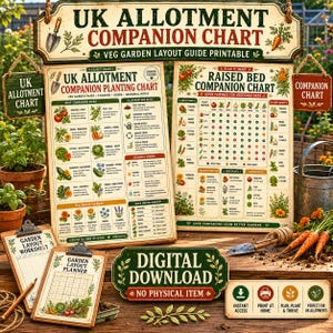 Könnte beinhalten: Eine Sammlung von UK-Kleingarten-Begleitpflanzentabellen und Gartenplanern mit gedruckten Gemüsegarten-Leitfäden, Pflanztabellen und Begleitpflanzen-Rastern, inklusive Text, Gemüseillustrationen und einem Hinweis auf einen digitalen Download.