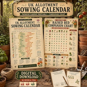 Könnte beinhalten: Ein Set aus druckbaren Gartenratgebern, bestehend aus einem Aussaatkalender für Kleingärten und einer Mischkultur-Tabelle für Hochbeete. Die Dokumente haben beigefarbene Hintergründe mit schwarzem Text und Illustrationen von Gemüsesorten.