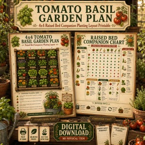 4x4 Tomate Basil Garten Plan Printable | Hochbeet Begleiter Pflanzt Layout PDF Download