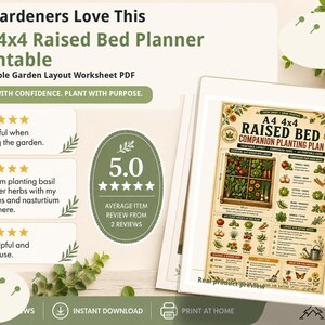 May include: A printable A4 4x4 raised bed planner worksheet PDF featuring a vegetable garden layout guide. The document includes a visual planting plan, companion planting information, and gardening notes with illustrations of various vegetables and herbs.