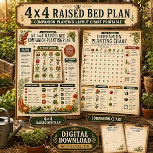 Könnte beinhalten: Ein druckbares Set aus einem 4x4 Hochbeet-Plan und einer Mischkultur-Tabelle. Die Dokumente enthalten Rasterlayouts, Gemüseillustrationen und Texte mit Pflanzregeln, Abständen und saisonalen Wechseln für die Gartenplanung und das Wachstum.
