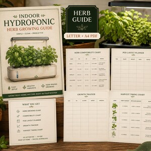 May include: An indoor hydroponic herb growing guide set featuring a main instructional sheet, a herb compatibility chart, a pod layout planner, a growth tracker, and a harvest timing chart. The documents are printed on off-white paper with text.