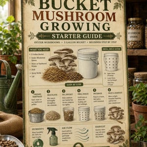 Oyster Mushroom Bucket Growing Guide PDF Letter + A4 | Beginner 5 Gallon Grow