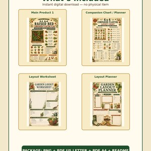 May include: A digital download set featuring four garden planning documents: a Raised Bed Companion Planting Plan, a Companion Planting Layout Chart, a Garden Layout Worksheet, and a Garden Layout Planner, all decorated with botanical illustrations.