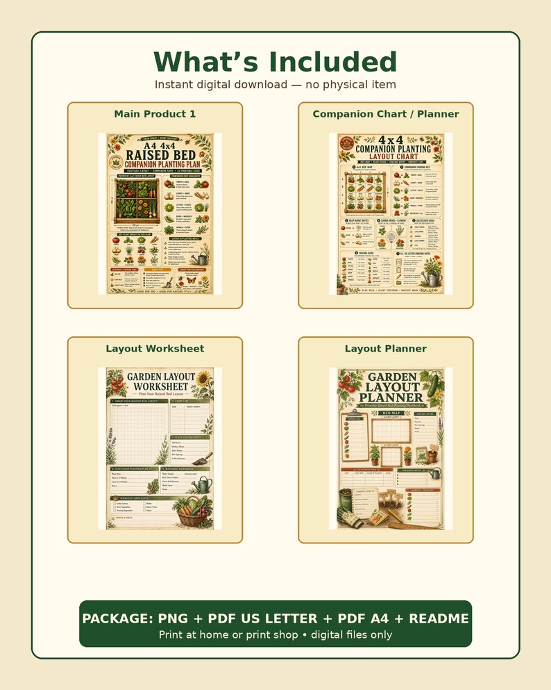 May include: A digital download set featuring four garden planning documents: a Raised Bed Companion Planting Plan, a Companion Planting Layout Chart, a Garden Layout Worksheet, and a Garden Layout Planner, all decorated with botanical illustrations.