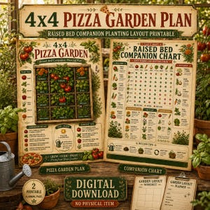 Könnte beinhalten: Ein druckbares Set bestehend aus einem 4x4 Pizza-Gartenplan und einer Begleitpflanzen-Tabelle für Hochbeete. Die Poster enthalten detaillierte Pflanzpläne, Tabellen zur Gemüsekombination und Gartentipps mit Illustrationen von Tomaten und Kräutern.