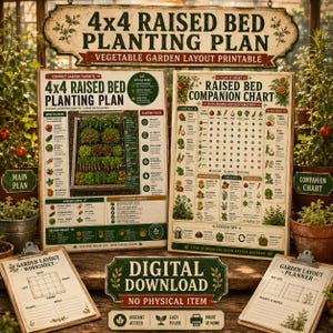 Könnte beinhalten: Ein digitales Gartenplanungs-Set mit einem 4x4 Hochbeet-Pflanzplan, einer Begleitpflanzen-Tabelle, einem Arbeitsblatt und einem Planer. Die Dokumente enthalten Text, Illustrationen von Gemüse und Rasterlayouts für die Gartenorganisation.