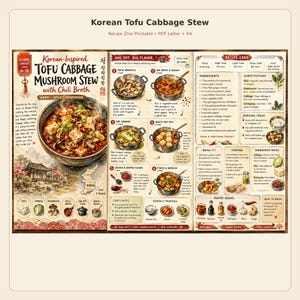 Puede incluir: Un recetario imprimible para estofado coreano de tofu, col y setas con caldo de chile. El documento incluye una gran ilustración del estofado, instrucciones de cocina paso a paso, una lista detallada de ingredientes y sugerencias.