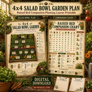 Könnte beinhalten: Ein druckbares Set bestehend aus einem 4x4 Salad Bowl Gartenplan und einer Tabelle für Mischkultur in Hochbeeten. Die Dokumente enthalten detaillierte Pflanzpläne, Tabellen für gute Nachbarschaften und Gartentipps.