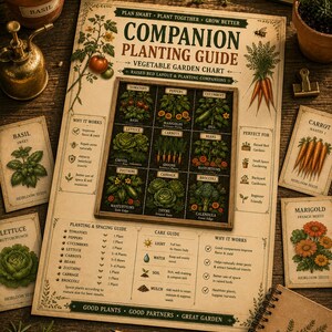May include: A beige companion planting guide poster featuring a central grid of vegetable illustrations, including tomatoes, peppers, and cucumbers. The chart includes text sections for planting, spacing, and care instructions, surrounded by seed packets.