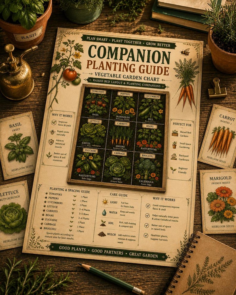 May include: A beige companion planting guide poster featuring a central grid of vegetable illustrations, including tomatoes, peppers, and cucumbers. The chart includes text sections for planting, spacing, and care instructions, surrounded by seed packets.