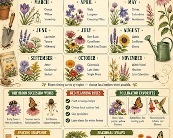 Pollinator Bloom Calendar Printable | Bee Butterfly Flower Guide PDF Download