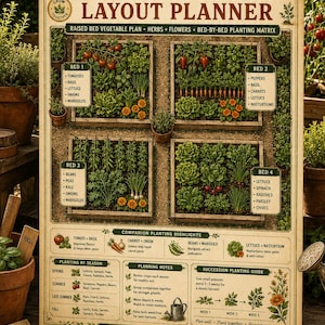 Könnte beinhalten: Ein rechteckiges Schild zur Planung eines 4-Beet-Küchengartens mit cremefarbenem Hintergrund und dunkelgrünem Text. Es enthält Illustrationen von vier Gartenbeeten mit verschiedenen Gemüsesorten, Pflanztipps, Saisonkalendern und Notizen.