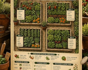 4-Bed Kitchen Garden Layout Planner PDF Letter + A4 | Raised Bed Vegetable Plan