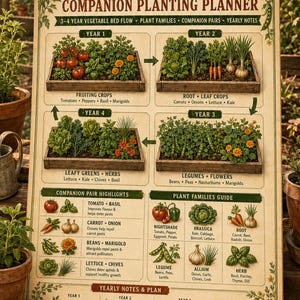Planificador de rotación de cultivos para bancales elevados (PDF, tamaño carta + A4) / Tabla de cultivo asociado para jardines