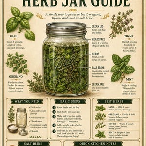 May include: A vintage-style instructional poster titled Apex Garden Shop Fermented Herb Jar Guide. It features a central illustration of a Ball wide-mouth glass jar filled with herbs in brine, surrounded by diagrams, text, and herb illustrations.