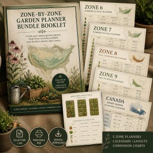 May include: A Zone-By-Zone Garden Planner Bundle Booklet featuring a map of the United States, illustrations of flowers and a watering can, and multiple printed pages detailing planting schedules for zones 6 through 9 and Canada.
