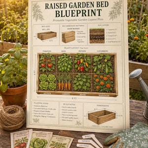Könnte beinhalten: Ein beiges Lehrplakat mit dem Titel Raised Garden Bed Blueprint, das einen 4ft mal 8ft großen Gemüsegartenplan, Pflanzenillustrationen, Bodenschichtdiagramme, Bauhinweise und Abmessungen zeigt, begleitet von Saatguttüten und Holzpflanzenmarkern.