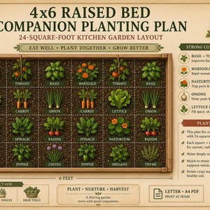 May include: A 4x6 raised bed companion planting plan chart featuring a 24-square-foot kitchen garden layout. The graphic displays a grid of vegetables and herbs, including basil, tomato, marigold, lettuce, carrot, onion, nasturtium, spinach, radish, thyme, pepper, oregano, and chives, with text instructions.