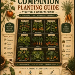 May include: A vintage-style companion planting guide chart featuring a central grid of vegetables and herbs like tomatoes, peppers, and cucumbers. The poster includes text sections on planting benefits, care instructions, and garden layouts.