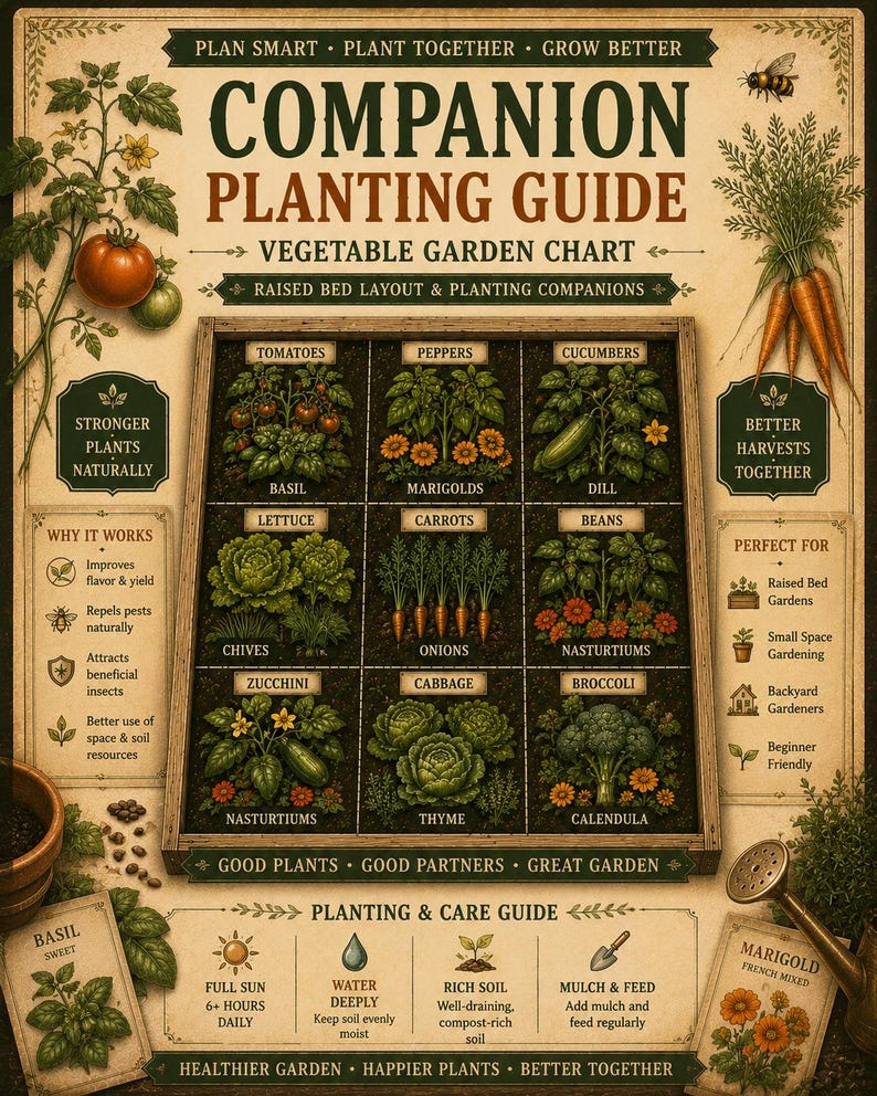 May include: A vintage-style companion planting guide chart featuring a central grid of vegetables and herbs like tomatoes, peppers, and cucumbers. The poster includes text sections on planting benefits, care instructions, and garden layouts.