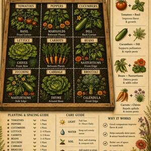 May include: A garden planning chart titled RAISED BED LAYOUT for a 4ft x 4ft bed. It features a grid of vegetables including tomatoes, peppers, cucumbers, lettuce, carrots, beans, zucchini, cabbage, and broccoli, with companion planting guides, spacing instructions, and care tips.