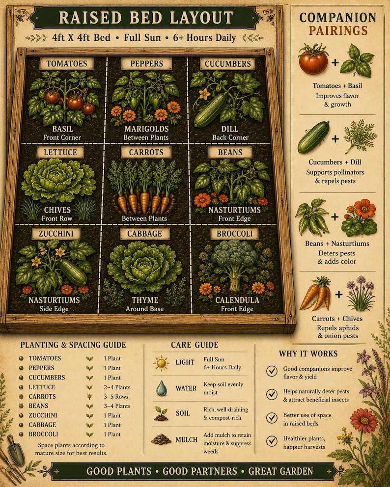 May include: A garden planning chart titled RAISED BED LAYOUT for a 4ft x 4ft bed. It features a grid of vegetables including tomatoes, peppers, cucumbers, lettuce, carrots, beans, zucchini, cabbage, and broccoli, with companion planting guides, spacing instructions, and care tips.