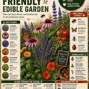 May include: A colorful infographic promoting a pollinator-friendly edible garden. It features vibrant flowers, including lavender, echinacea, and nasturtium, alongside tomatoes and a monarch butterfly. Text highlights plant benefits and design tips for attracting pollinators.