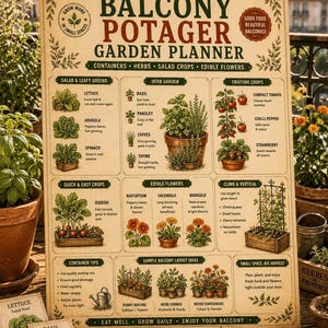 Könnte beinhalten: Ein rechteckiges, beiges Gartenplaner-Poster mit dem Titel Balcony Potager Garden Planner, dunkelgrünem Text und Illustrationen verschiedener Pflanzen, Kräuter und Gemüse. Die Übersicht enthält Abschnitte für Salate, Kräuter und Nutzpflanzen.