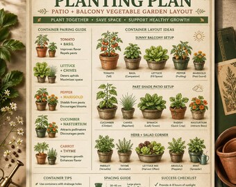 Container Companion Planting Plan Printable | Patio Balcony Vegetable Garden Layout PDF
