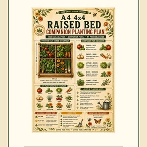 May include: A beige A4 4x4 raised bed companion planting plan guide featuring illustrations of vegetables, herbs, and flowers. The chart includes a 100 cm by 100 cm layout diagram, companion pair highlights, planting notes, and seasonal region cues.