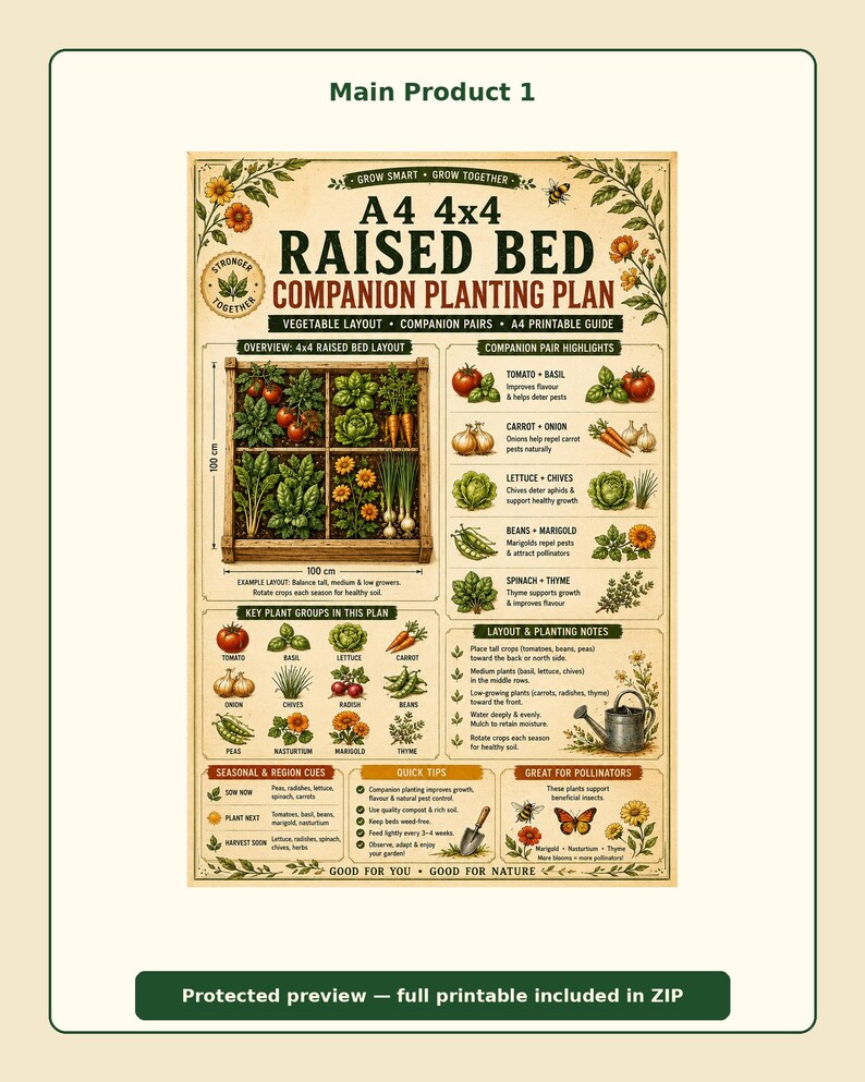 May include: A beige A4 4x4 raised bed companion planting plan guide featuring illustrations of vegetables, herbs, and flowers. The chart includes a 100 cm by 100 cm layout diagram, companion pair highlights, planting notes, and seasonal region cues.