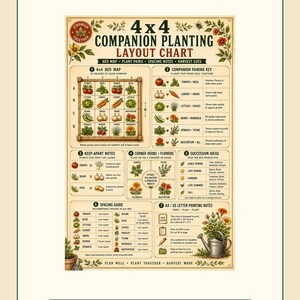 May include: A 4x4 companion planting layout chart featuring a grid bed map, companion pairing key, keep-apart notes, corner herbs and flowers, succession ideas, spacing guide, and printing notes with illustrations of vegetables and a watering can.