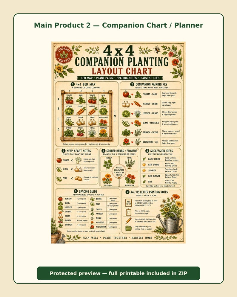 May include: A 4x4 companion planting layout chart featuring a grid bed map, companion pairing key, keep-apart notes, corner herbs and flowers, succession ideas, spacing guide, and printing notes with illustrations of vegetables and a watering can.