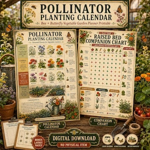 Könnte beinhalten: Ein Bestäuber-Pflanzkalender und eine Begleitpflanzen-Tabelle für Hochbeete mit botanischen Illustrationen von Blumen und Gemüse. Die Diagramme enthalten saisonale Pflanzanleitungen, Pflanzraster und gärtnerische Notizen.