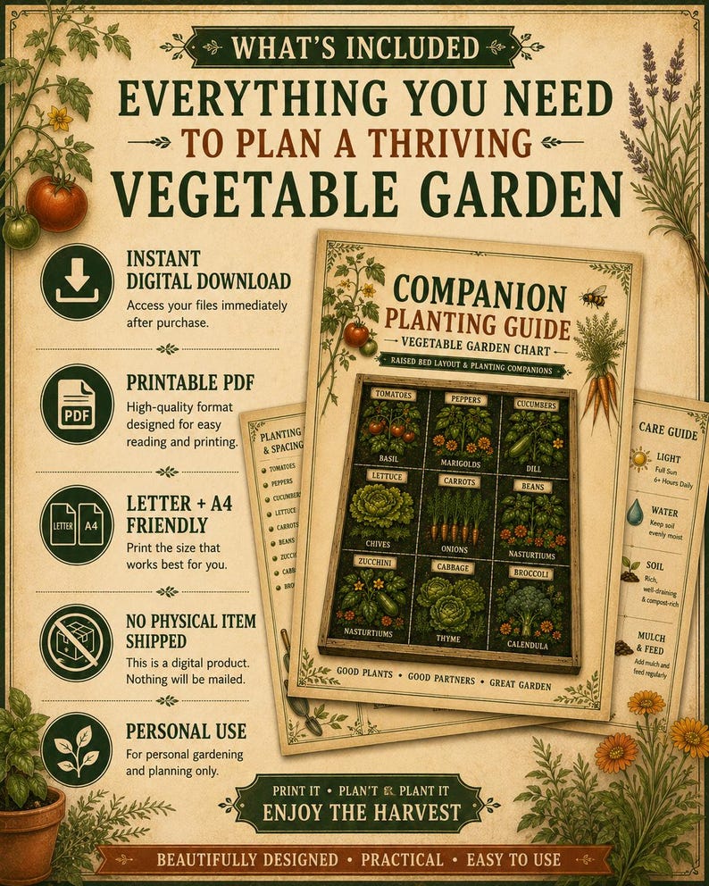 Companion Planting Guide Printable | Vegetable Garden Chart, Raised Bed Planner PDF Download image 2