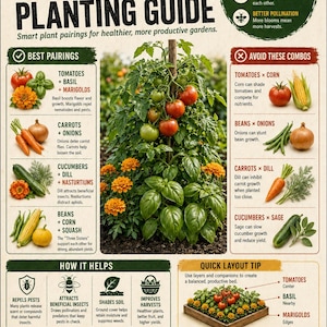 Könnte beinhalten: Ein Ratgeber für die Mischkultur mit dem Titel „Trending Now“. Der Ratgeber schlägt Pflanzenkombinationen für gesündere Gärten vor. Er zeigt Bilder von Tomaten, Basilikum, Ringelblumen, Karotten, Zwiebeln, Gurken, Dill, Kapuzinerkresse, Bohnen, Mais und Kürbis.