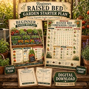 Könnte beinhalten: Ein digitales Download-Set mit einem Gartenplan für Anfänger, einer Pflanznachbarschaftstabelle, einem Gartenlayout-Arbeitsblatt und einem Gartenplaner. Die Dokumente enthalten Illustrationen von Gemüse, Kräutern und Blumen.