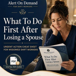 May include: A digital PDF guide titled Alert On Demand For Shift Workers: What To Do First After Losing a Spouse. The document is an urgent action cheat sheet for widowed shift workers, featuring a dark blue and cream color scheme with a bell icon.