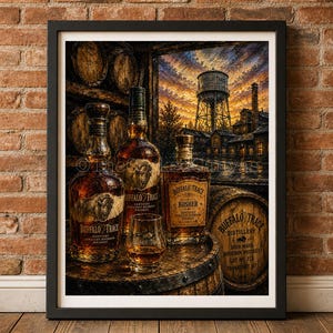 May include: Framed artwork featuring Buffalo Trace bourbon bottles and a glass on a wooden barrel. The image showcases a distillery scene with a water tower and sunset backdrop. The bottles are labeled with "Buffalo Trace" and "Kosher".