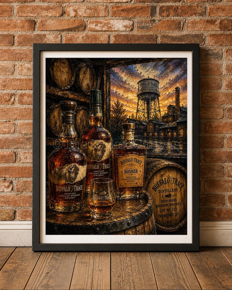 May include: Framed artwork featuring Buffalo Trace bourbon bottles and a glass on a wooden barrel. The image showcases a distillery scene with a water tower and sunset backdrop. The bottles are labeled with "Buffalo Trace" and "Kosher".