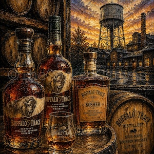 May include: An artistic rendering of Buffalo Trace bourbon bottles and a glass, with a distillery backdrop. The bottles are labeled "Buffalo Trace" and "Kosher", with a barrel and a water tower in the background. The image has a warm, inviting color palette.