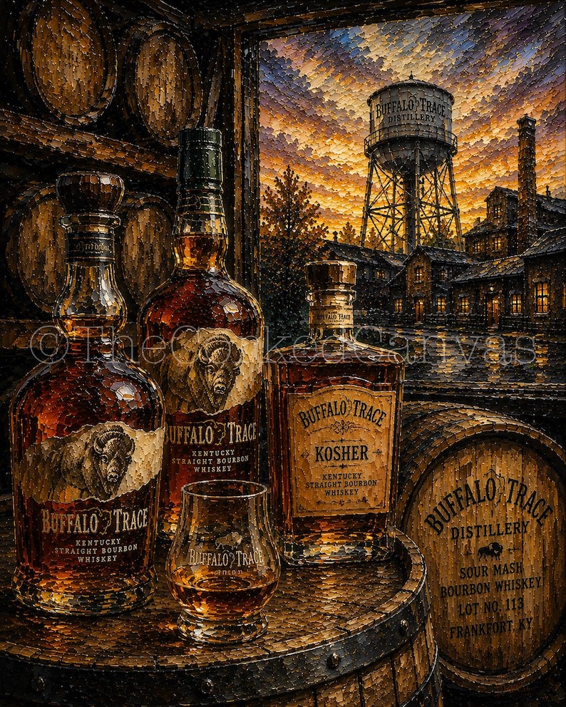May include: An artistic rendering of Buffalo Trace bourbon bottles and a glass, with a distillery backdrop. The bottles are labeled "Buffalo Trace" and "Kosher", with a barrel and a water tower in the background. The image has a warm, inviting color palette.